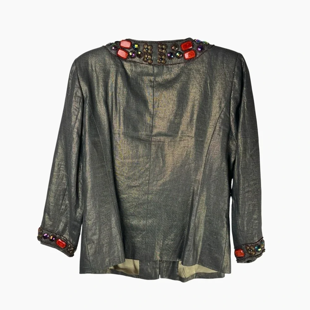 Boston Proper Linen Jacket 3/4‎ Sleeve Blazer Metallic Gold Brown Beaded Sz 10